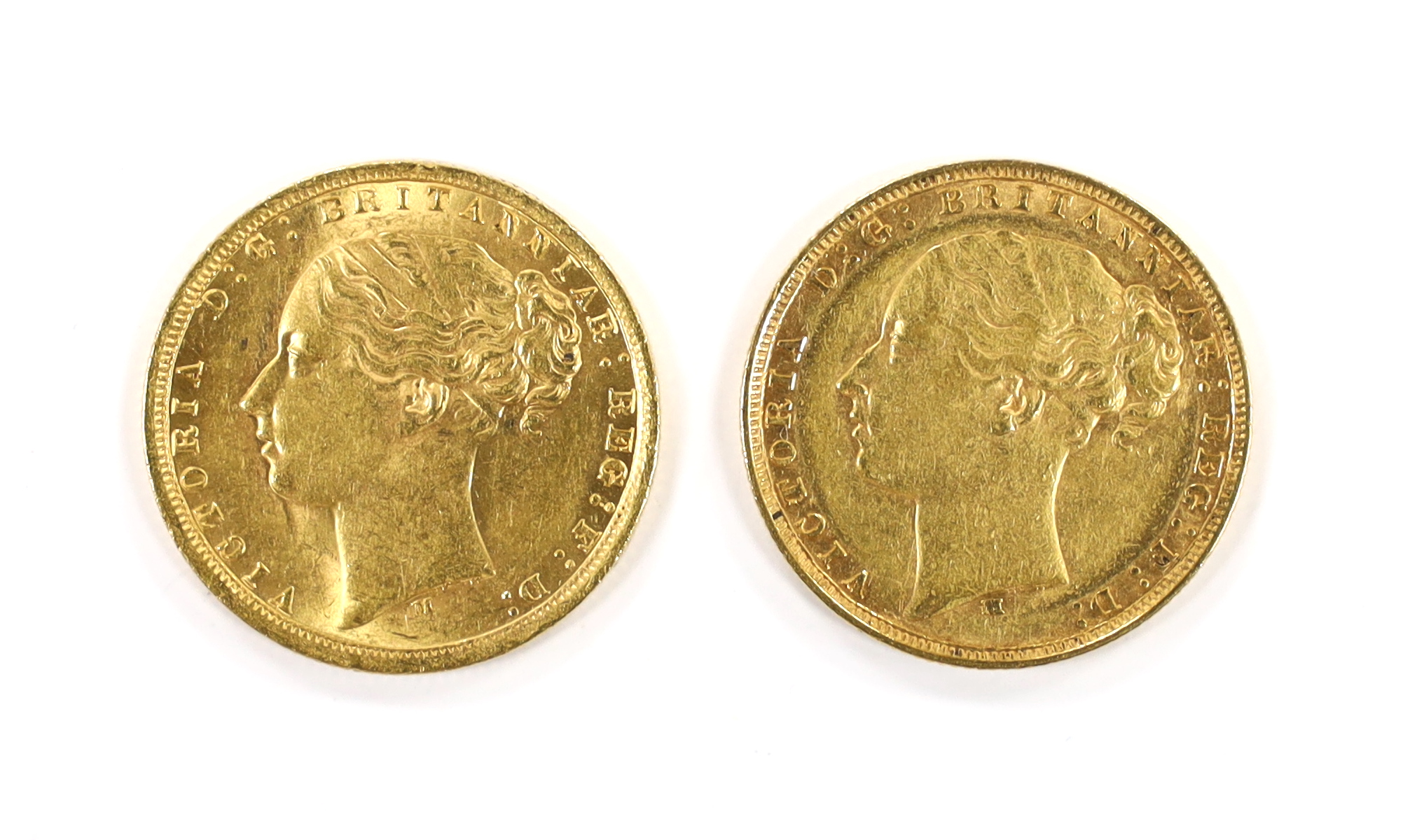 British gold coins, two Victoria gold sovereigns 1875M, good VF and 1879M, good VF, both (S3857)